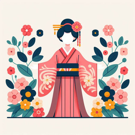 Japanese woman in kimono with flowers. Vector illustration in flat style.のイラスト素材