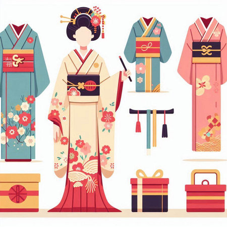 Japanese traditional clothes. Set of vector illustrations in a flat style.のイラスト素材
