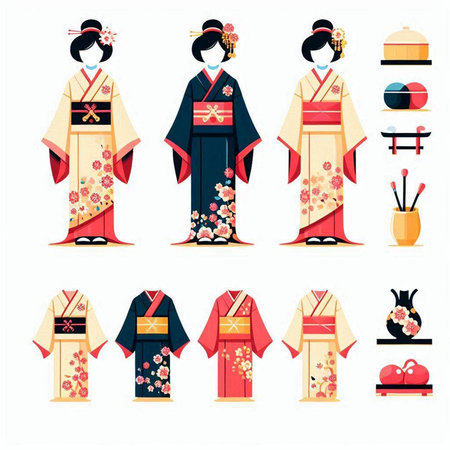 Japanese geisha or japanese kimono set. Vector illustration in flat styleのイラスト素材