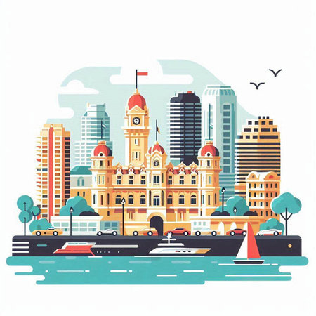 City landscape with buildings and roads. Vector illustration in flat style.のイラスト素材