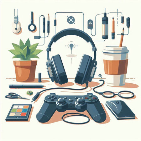 Vector illustration of a set of headphones, gamepad, microphone, headphones, coffee cup and other accessories.のイラスト素材