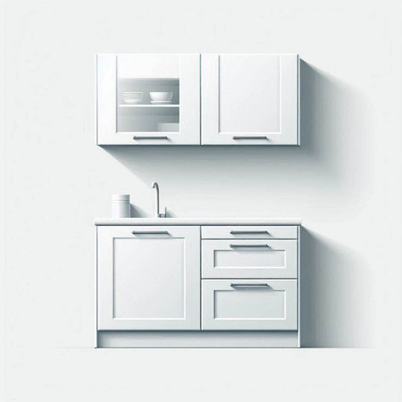 White shelf with wooden cupboards in modern interior. 3d renderのイラスト素材