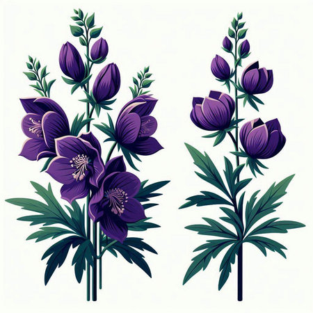 Illustration of purple flowers with leaves on a white background, vector illustrationのイラスト素材