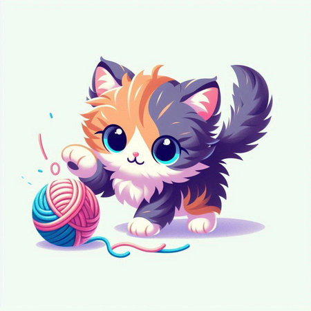 Cute cartoon kitten playing with ball of yarn. Vector illustration.のイラスト素材