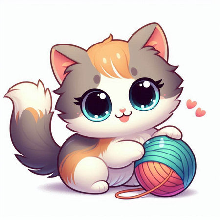 Cute cartoon cat with a ball of yarn. Vector illustration.のイラスト素材