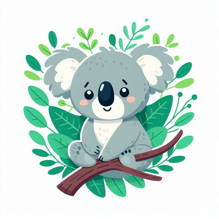 Cute koala sitting on a branch with leaves. Vector illustration.のイラスト素材