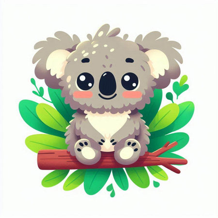 Cute koala sitting on a branch with leaves. Vector illustration.のイラスト素材