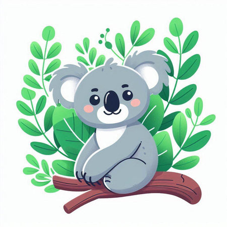 Cute koala on a branch with leaves. Vector illustration.のイラスト素材