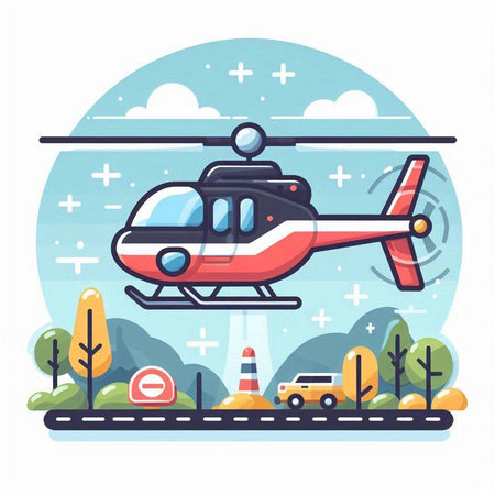 Helicopter on the road. Flat style vector illustration on white background.のイラスト素材