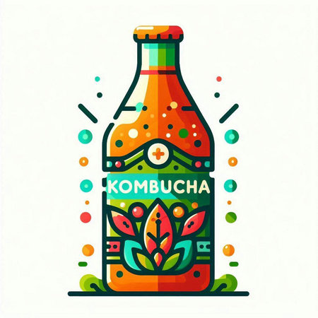 Kombucha bottle with leaves and flowers. Vector illustration in flat style.のイラスト素材