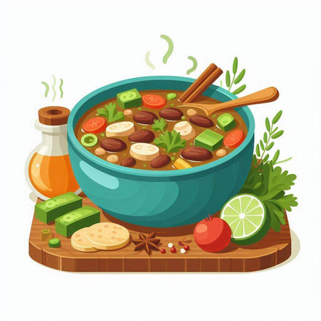 Mexican food vector illustration. Traditional mexican soup with meat, beans, vegetables and spices.のイラスト素材