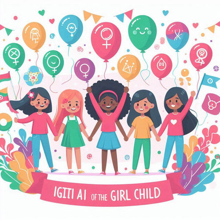 Vector illustration of a group of happy african american girls with balloons.のイラスト素材