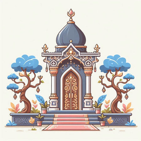 Illustration of a Hindu temple in the forest. Vector illustration.のイラスト素材