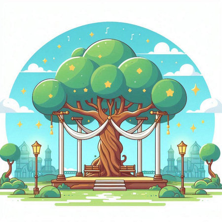 Illustration of a Cartoon Style Tree with Lanterns in the Backgroundのイラスト素材