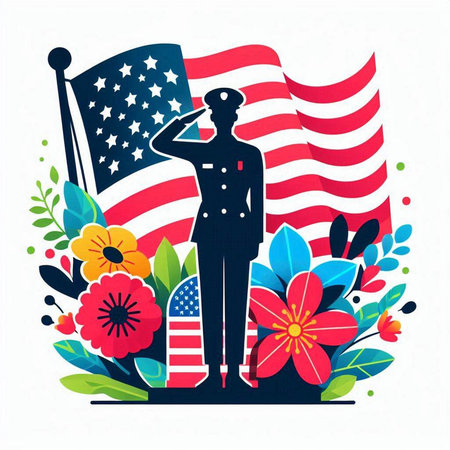American flag with soldier on a background of flowers. Vector illustration.のイラスト素材