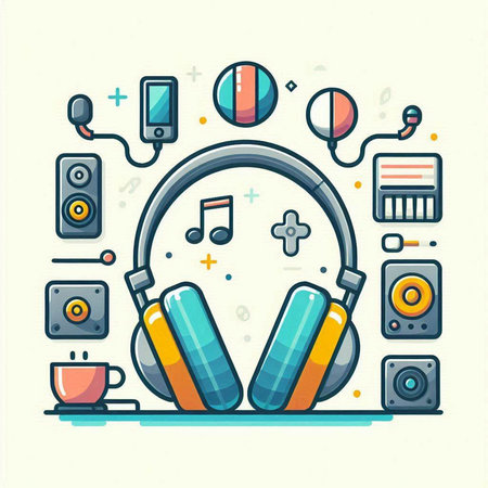 Colorful vector illustration of headphones with different music icons on white backgroundのイラスト素材