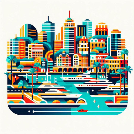 Cityscape with yachts and boats. Vector illustration in flat styleのイラスト素材