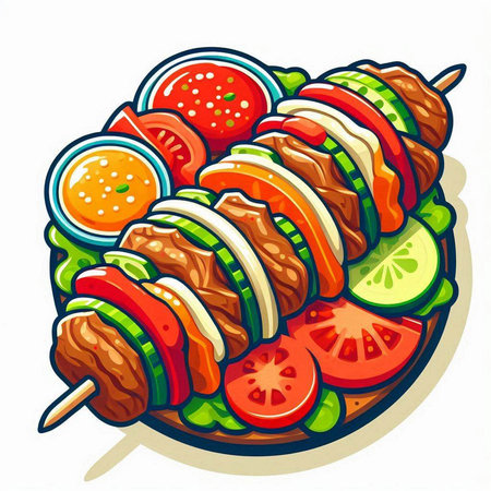 Shish kebab on skewers with vegetables. Vector illustration.のイラスト素材