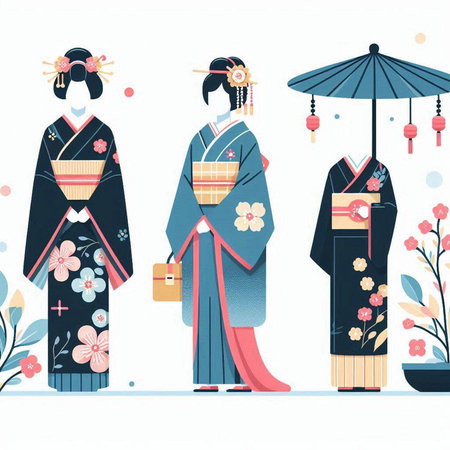 Japanese girls in kimono with umbrellas. Vector illustration.のイラスト素材