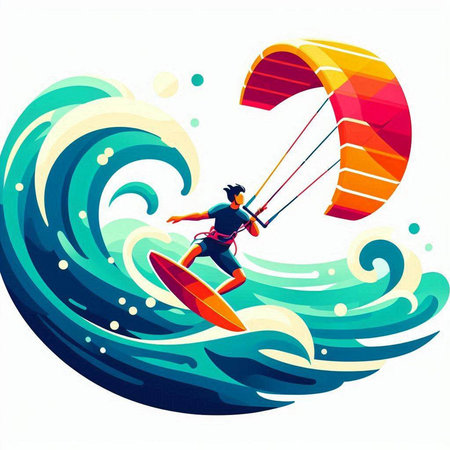 Kitesurfing in the sea. Vector illustration of a man surfing on a wave.のイラスト素材