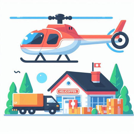 Helicopter delivery service. Freight transportation and logistics. Vector illustrationのイラスト素材
