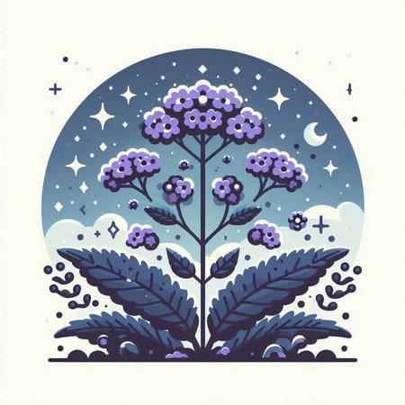 Vector illustration of purple flowers on the background of the night sky.のイラスト素材