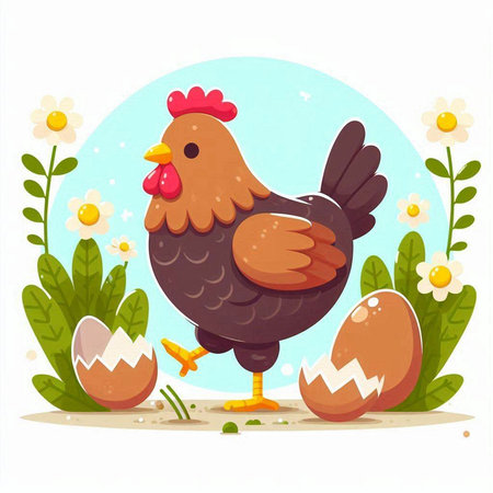 Chicken and eggs in the garden. Cute cartoon vector illustration.のイラスト素材