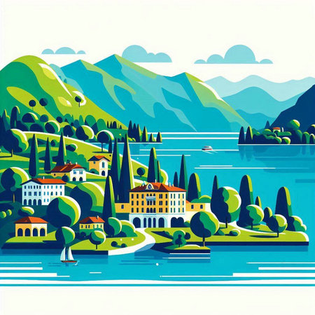 Village on the shore of Lake Como. Vector illustration.のイラスト素材