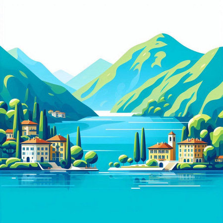 Landscape of Lake Como, Italy. Watercolor illustration.のイラスト素材