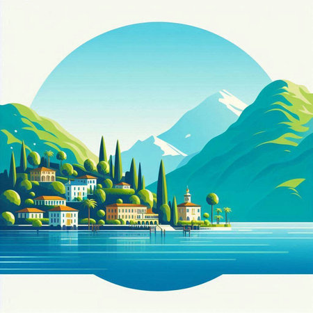 landscape of the lake and village in the mountains. Vector illustrationのイラスト素材