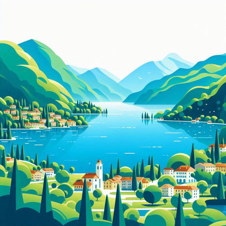 Landscape of Lake Como, Italy, Europe. Vector illustrationのイラスト素材