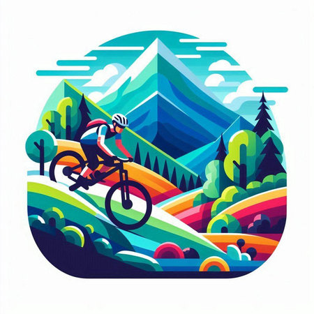 Mountain biker riding on the road in the mountains, vector illustrationのイラスト素材