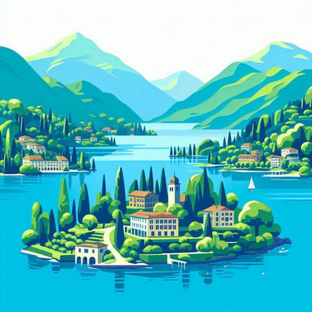 Landscape of Lake Como. Italy. Vector Illustration.のイラスト素材