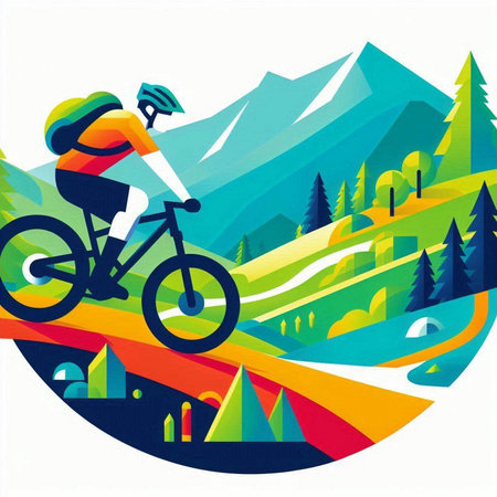 Vector illustration of a cyclist riding a mountain bike in the mountains.のイラスト素材