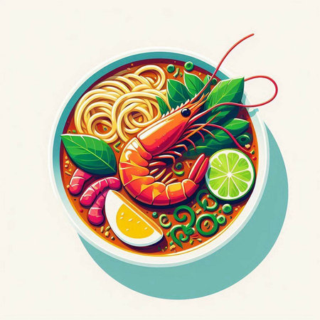 Noodle soup with shrimps in a bowl. Vector illustration.のイラスト素材