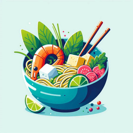Noodles in bowl with shrimps and vegetables. Vector illustration.のイラスト素材