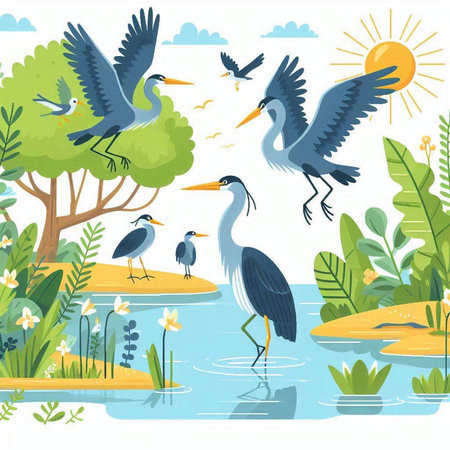 Vector illustration of a set of birds on a pond in the parkのイラスト素材