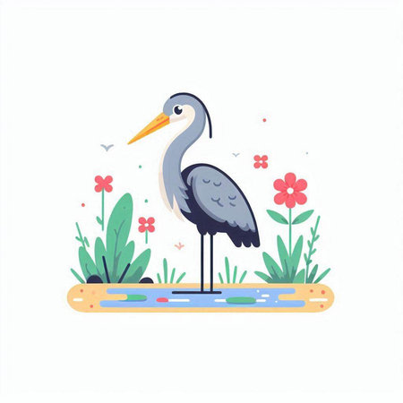 Cute stork on the lake. Vector illustration in flat styleのイラスト素材