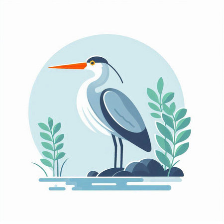 Vector illustration of a heron on the seashore in flat styleのイラスト素材