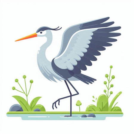 Vector illustration of a stork on a background of grass and bushesのイラスト素材