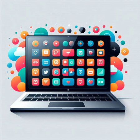 Laptop with application icons on colorful abstract background. Vector illustration.のイラスト素材