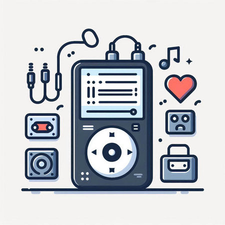 Music player with headphones. Vector illustration in thin line style. Flat design.のイラスト素材