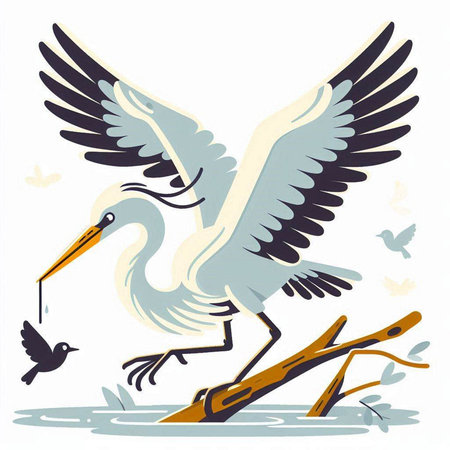 Flying stork with a fish in its beak. Vector illustration.のイラスト素材