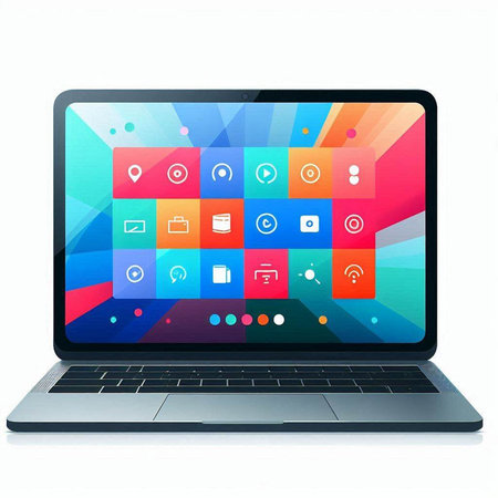 Modern Laptop with colorful application icons on the screen isolated on white backgroundのイラスト素材