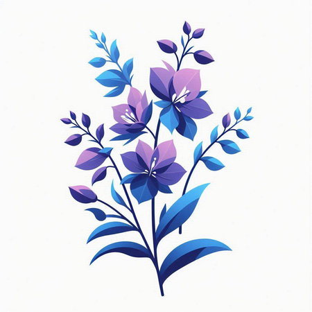 Illustration of a purple flower with blue leaves on a white backgroundのイラスト素材