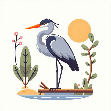 Heron on a wooden bridge. Vector illustration in flat style.のイラスト素材