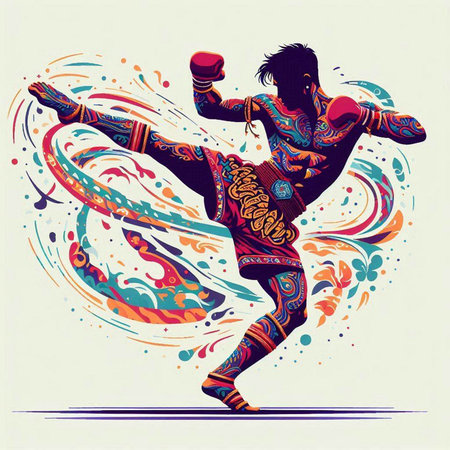 illustration of a kickboxing fighter with a lot of colorful elementsのイラスト素材