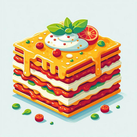 Illustration of layered layered lasagna with tomato sauce and basil leavesのイラスト素材