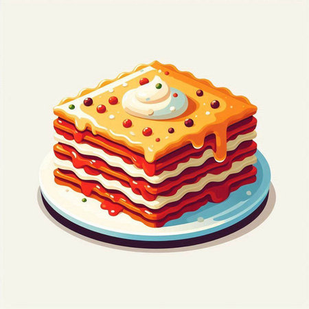 Illustration of a stack of lasagna with sour cream and cherry sauceのイラスト素材
