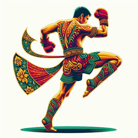 Tattooed Thai fighter with a spear. Vector illustration.のイラスト素材